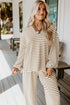 Striped Johnny Collar Pullover Drawstring Wide Leg Pant Set